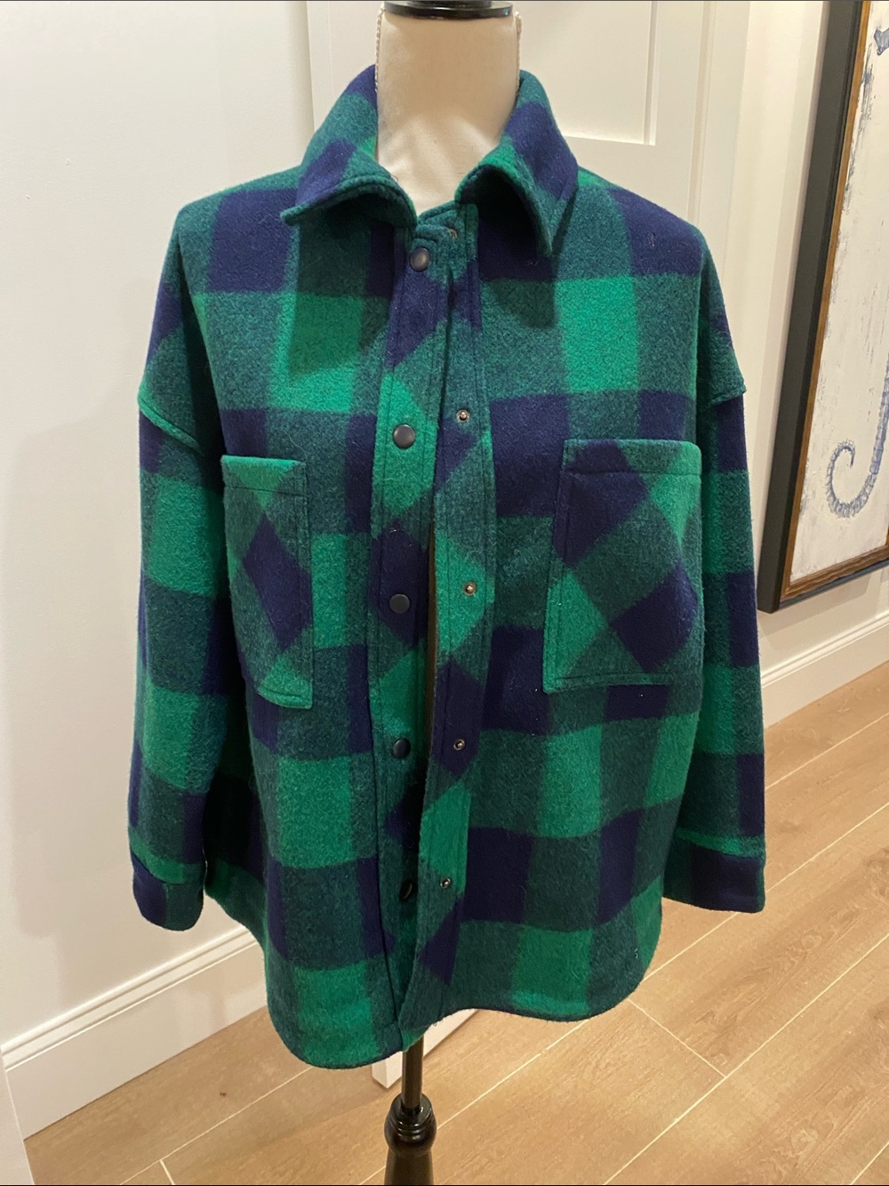 Zara Green and Navy Buffalo Plaid Shirt Jacket
